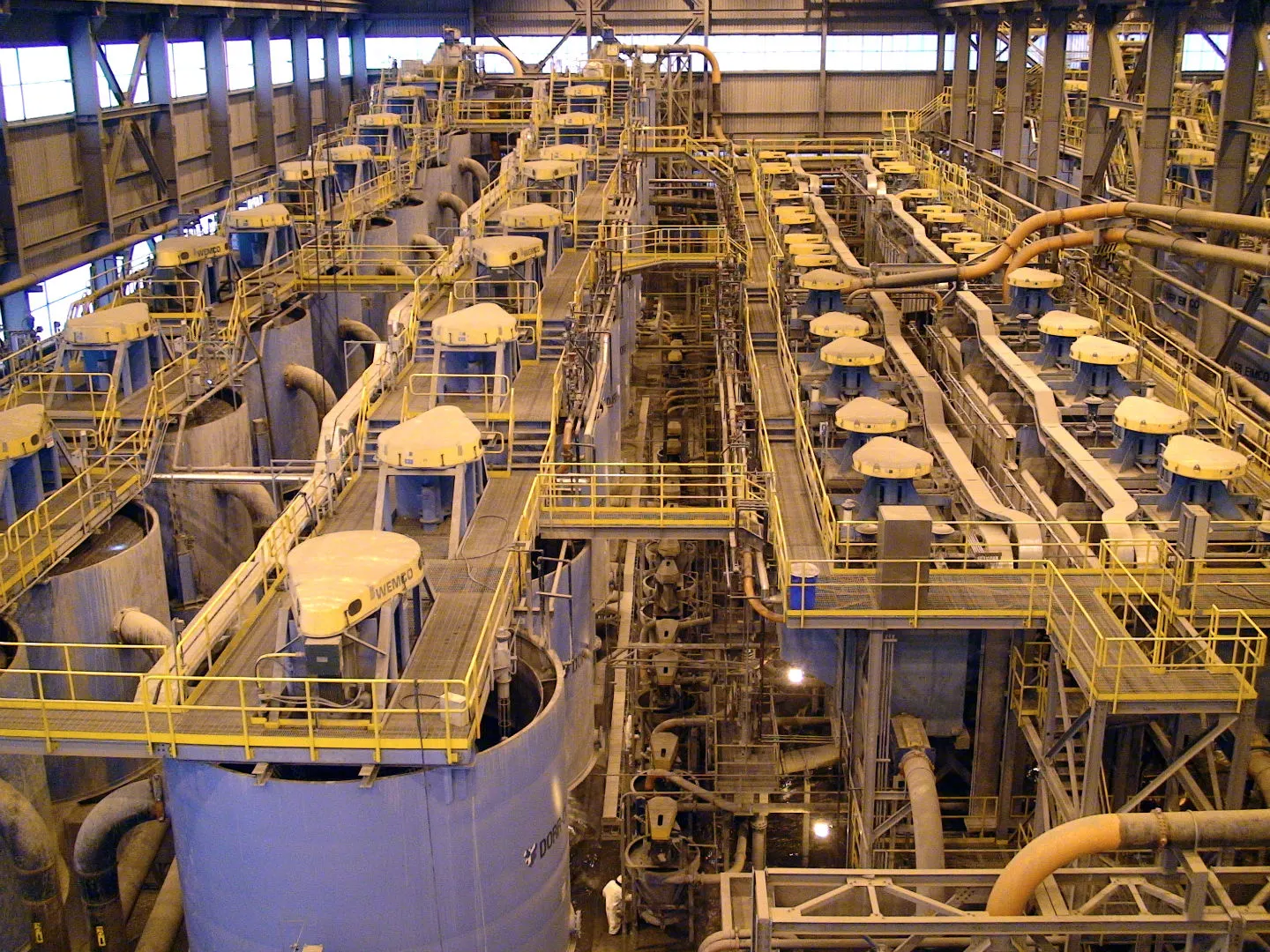 Industrial mineral processing flotation circuit inside a concentration plant