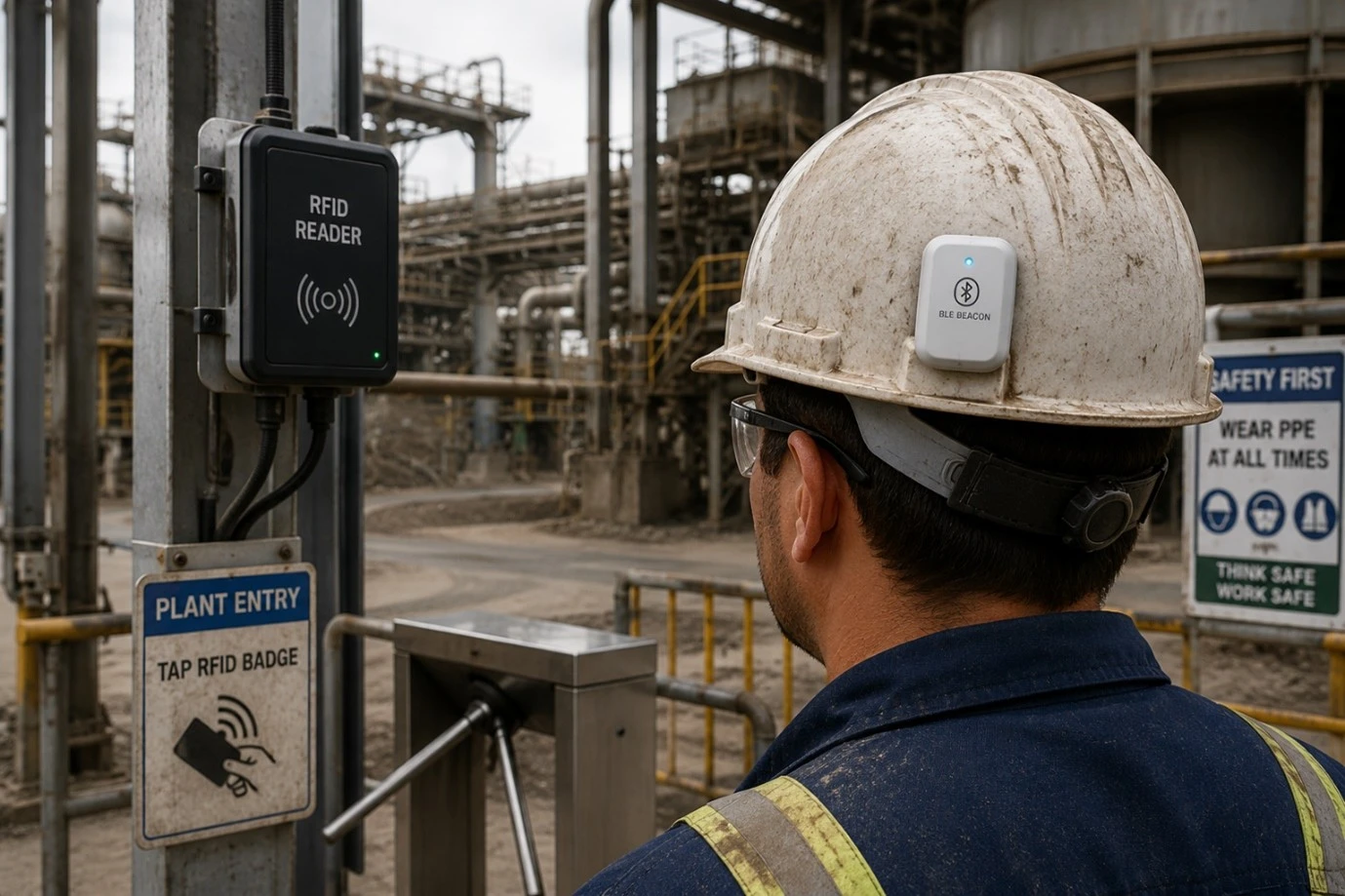 RFID entry reader and BLE-equipped worker hard hat installed within a mineral processing plant environment.