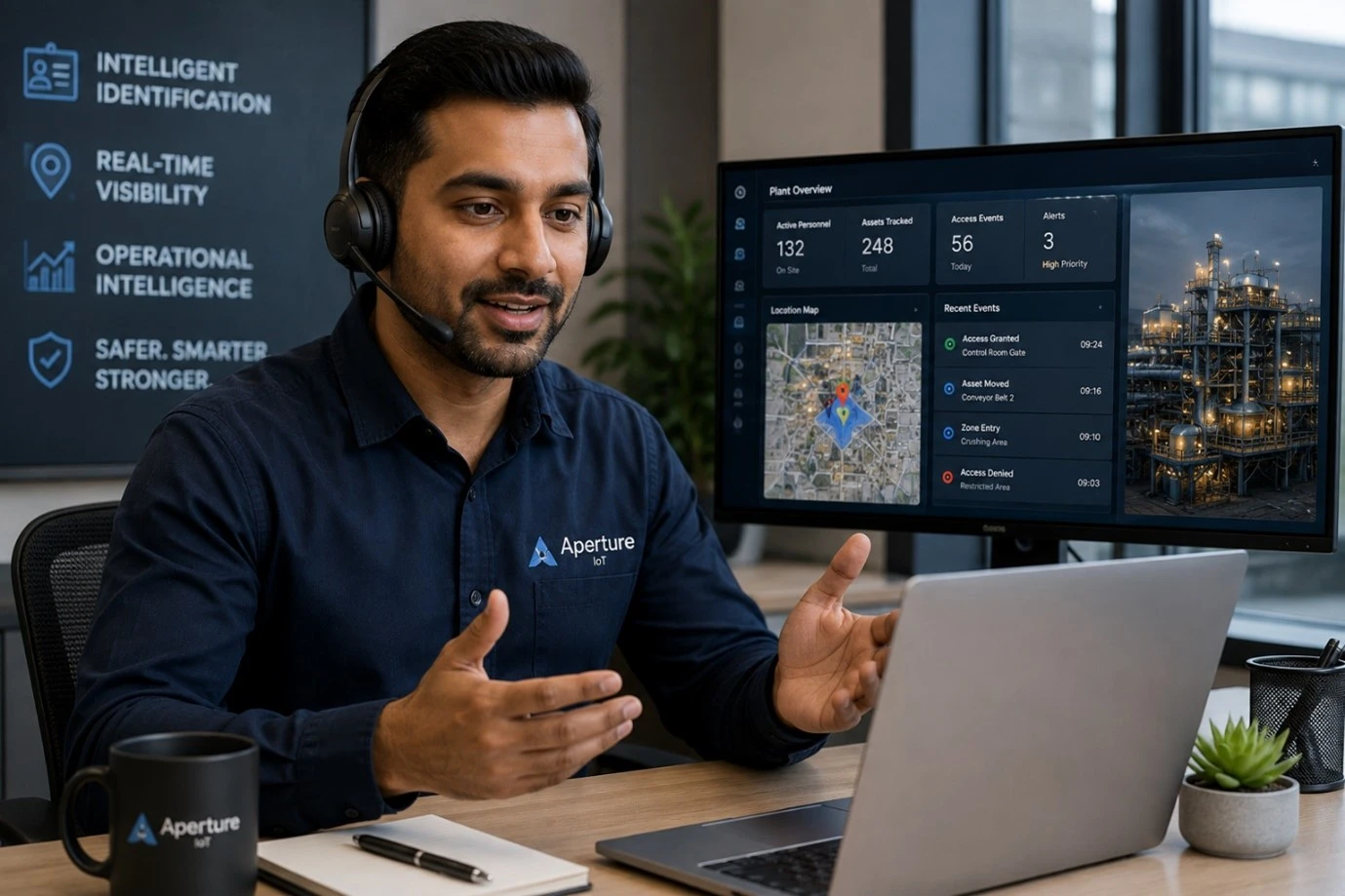Technical support representative on a video call with industrial monitoring dashboards visible in the background.