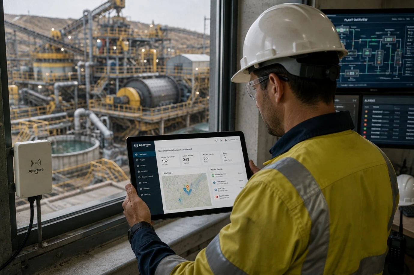 Industrial technician reviewing identification software on a tablet inside a mineral processing control room.